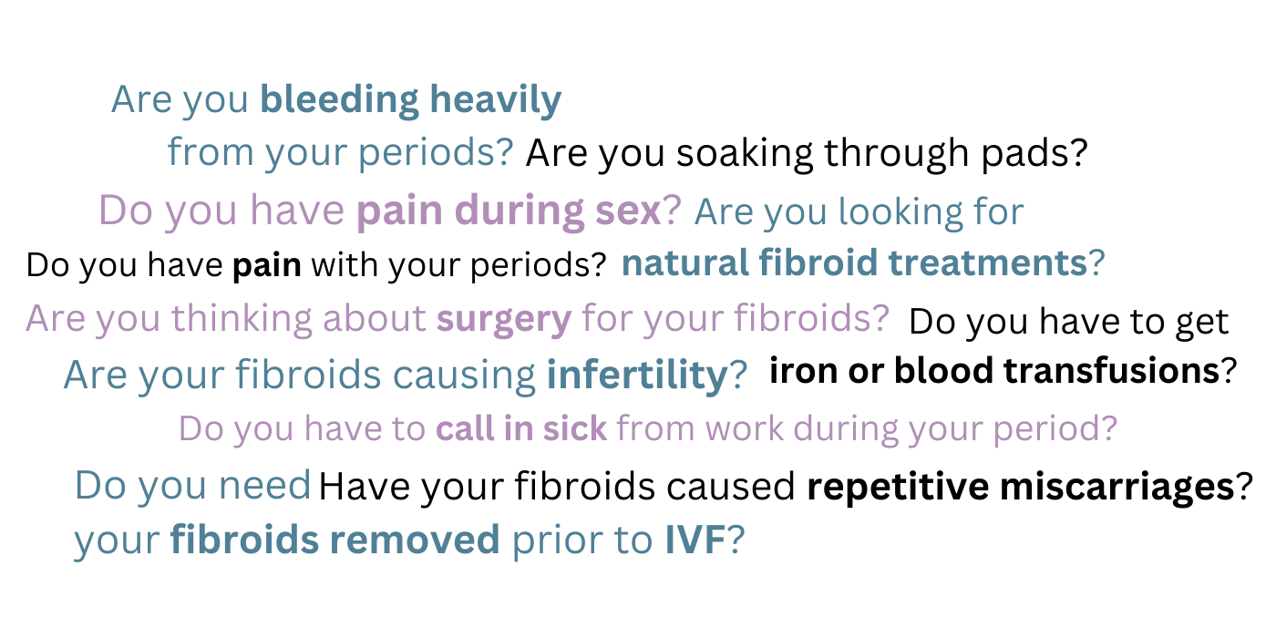 A digital infographic with questions about symptoms and treatments for fibroids, including heavy bleeding, pain during sex, and infertility.