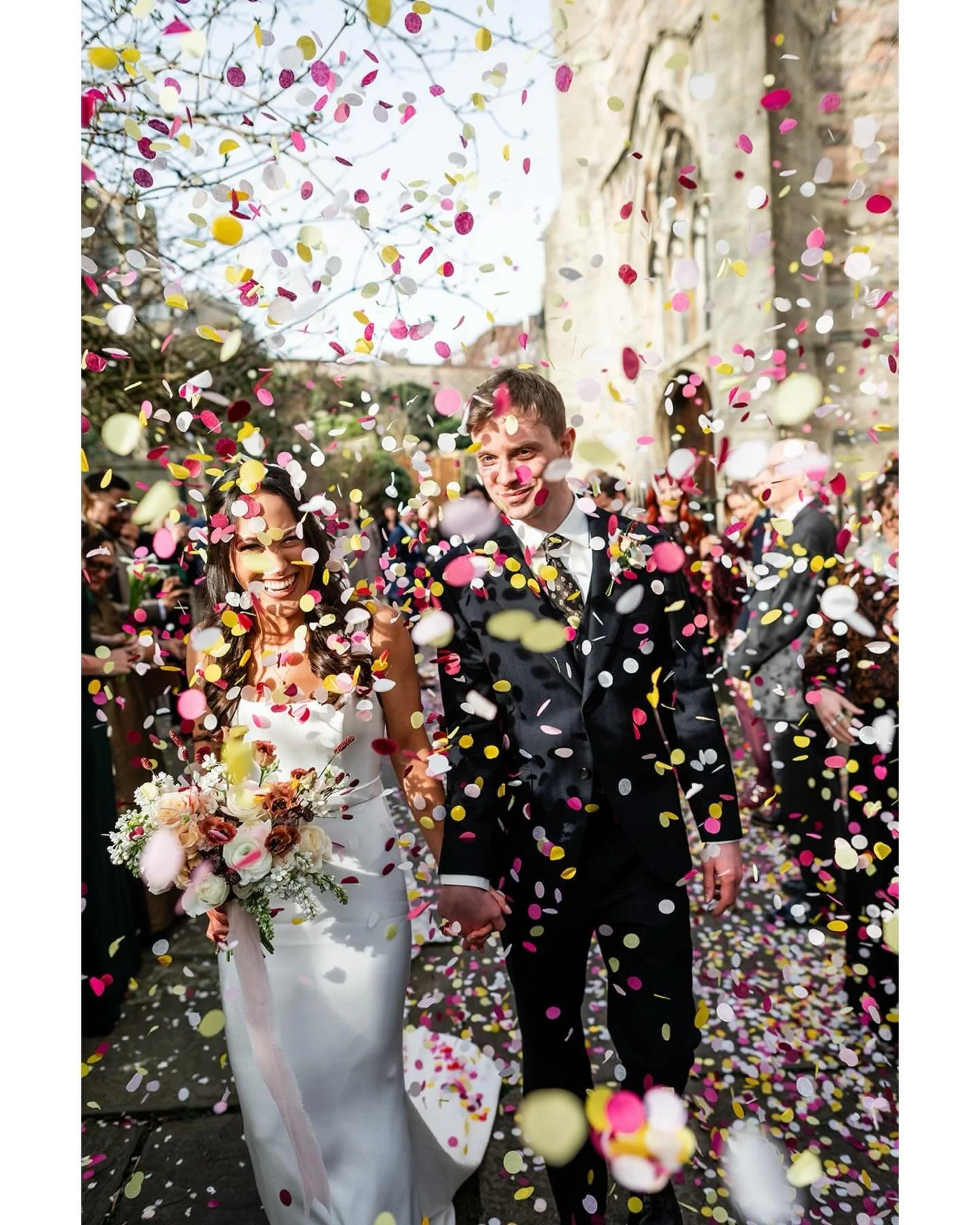 Beautiful early spring light and basket loads of confetti for Carole and George this Valentine&rsquo;s Day 💕

Shot on a mix of digital and film 

Photographer: @suziesmithphoto 
Venue: @themountwithout_events 
DJ: @speakerboxdj 
Flowers: @meganlilyf