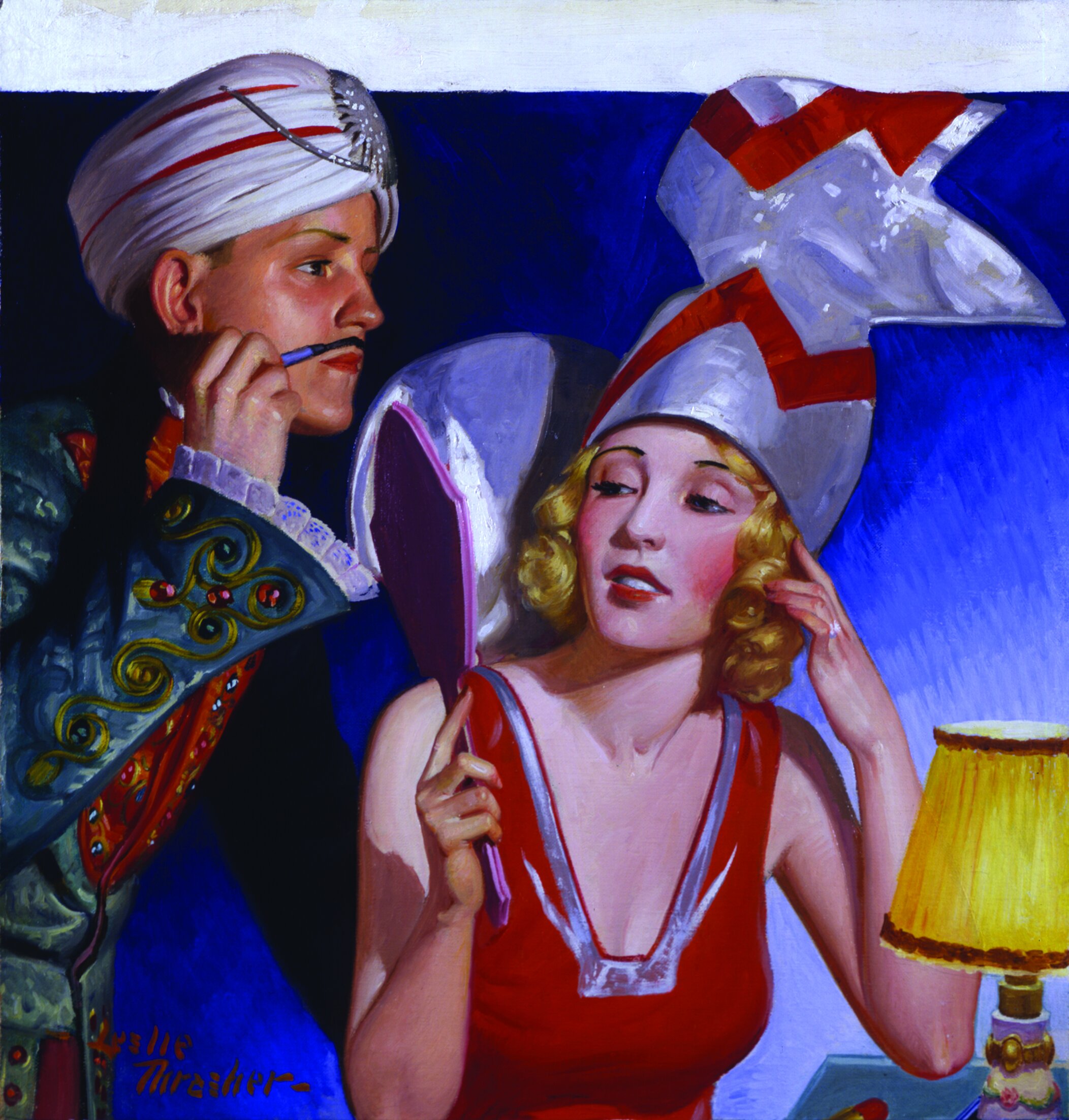   Leslie Thrasher (1889-1936)   Costume Ball  1932, oil on canvas 18” x 18”, signed lower left  Liberty Magazine,  February 20, 1932 cover 