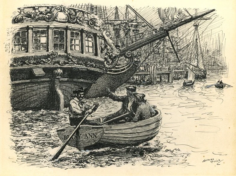   Norman Price (1877-1951)   Betsy Ann  c. 1946, pen and ink on board 8 3/8” x 10”, signed lower right  Treasure Island,  by Robert Louis Stevenon, 1947, pg. 82 