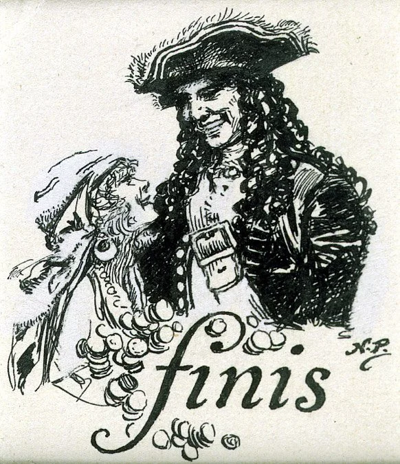   Norman Price (1877-1951)   Finis  c. 1928, pen and ink on paper 3 1/2” x 3 1/4”, initialed lower right  Rogue’s Moon,  by Robert W. Chambers, D. Appleton and Co., 1928 