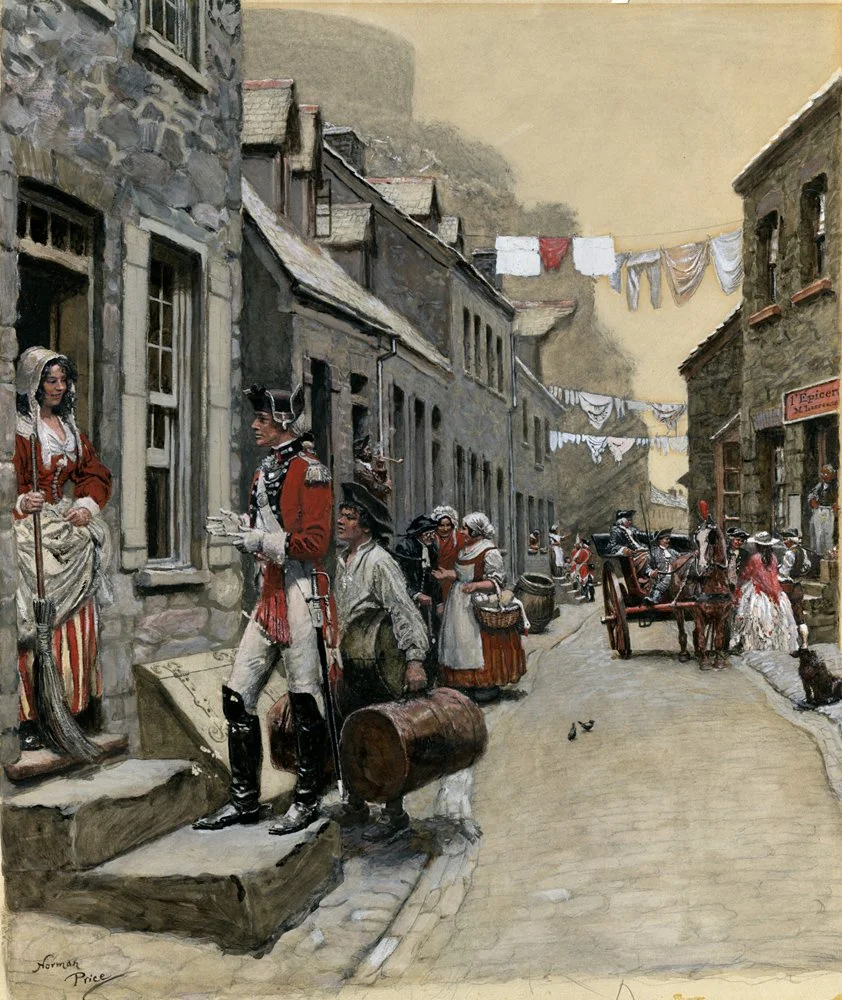   Norman Price (1877-1951)   Officer Talks to Innkeeper  Watercolor on board 22” x 19 1/2”, signed lower left 