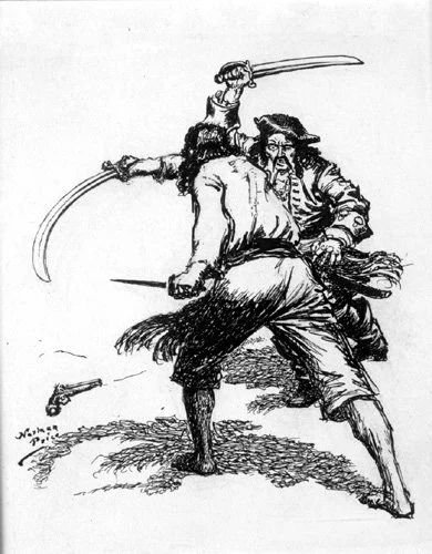   Norman Price (1877-1951)   Two Pirates Dueling  c. 1947, pen and ink on paper 7 3/4” x 6”, signed lower left  Treasure Island,  by Robert Louis Stevenon, 1947 