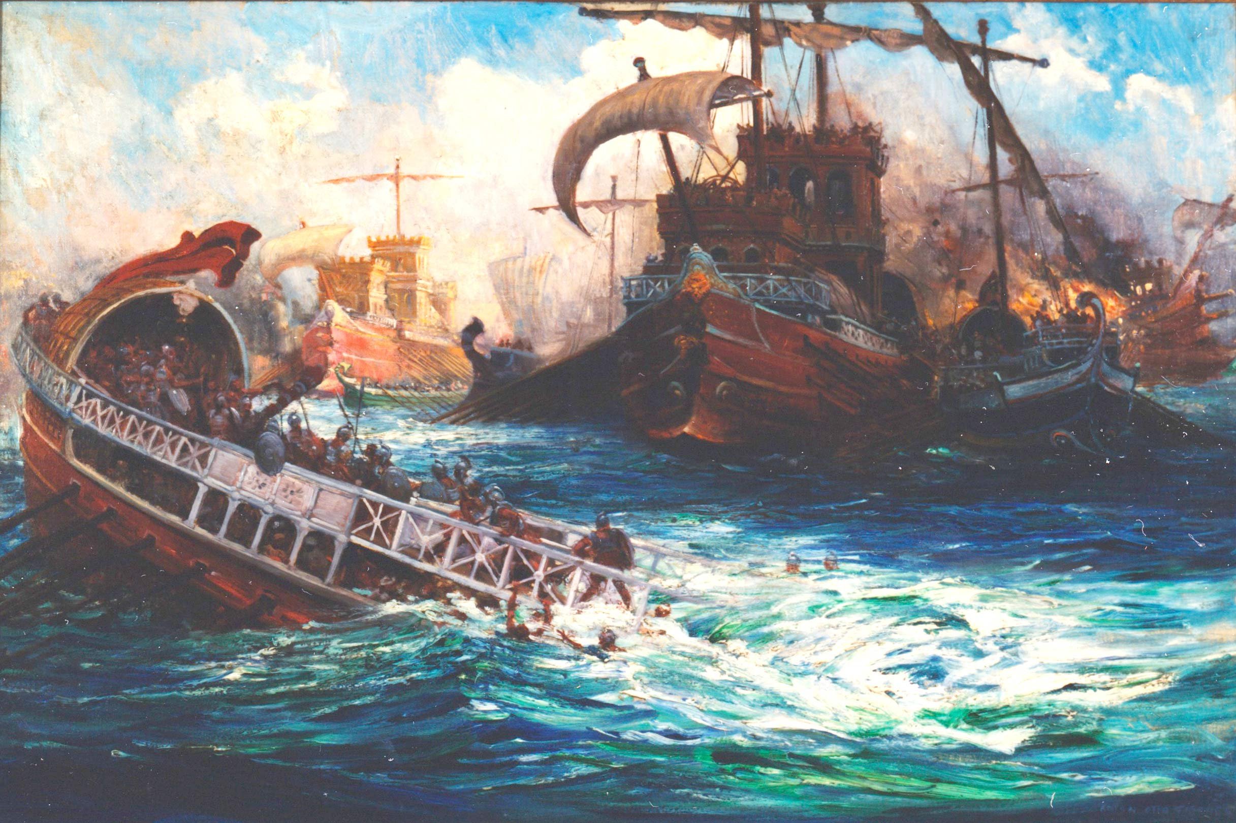   Anton Otto Fischer (1882-1962)   Ancient Marine Engagement  Oil on canvas 24” x 36”, signed and dated lower right  Saturday Evening Post,  F. Britten Austin, 1928 