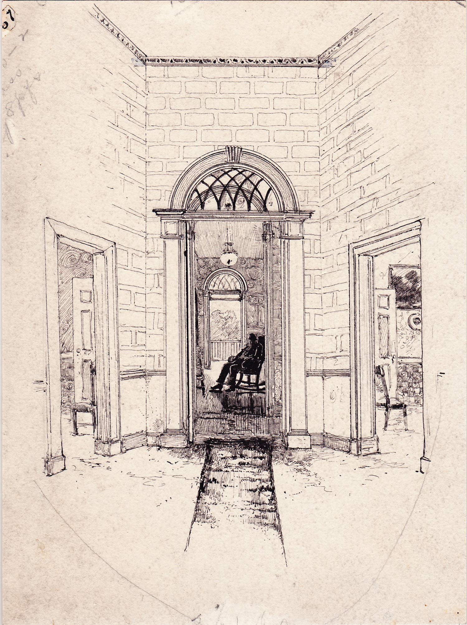   Henry Fenn (1838-1911)   Hallway of the Speed Homestead  1886, ink on paper 10” x 7 1/4”  “Abraham Lincoln,” The Century Magazine,  January 1887, pg. 385 