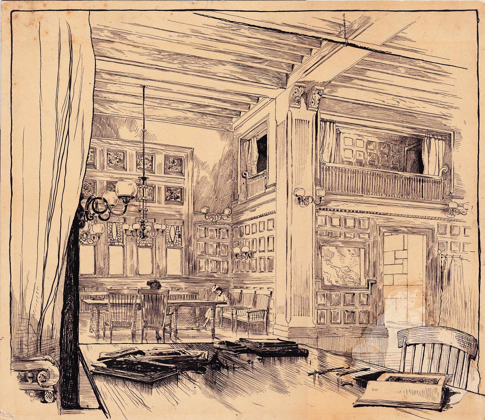   Henry Fenn (1838-1911)   Interior of the Crane Library  1886, ink on paper 9 3/8” x 10 7/8”  “Recent Architecture in America,” The Century Magazine,  May 1884, pg. 54 