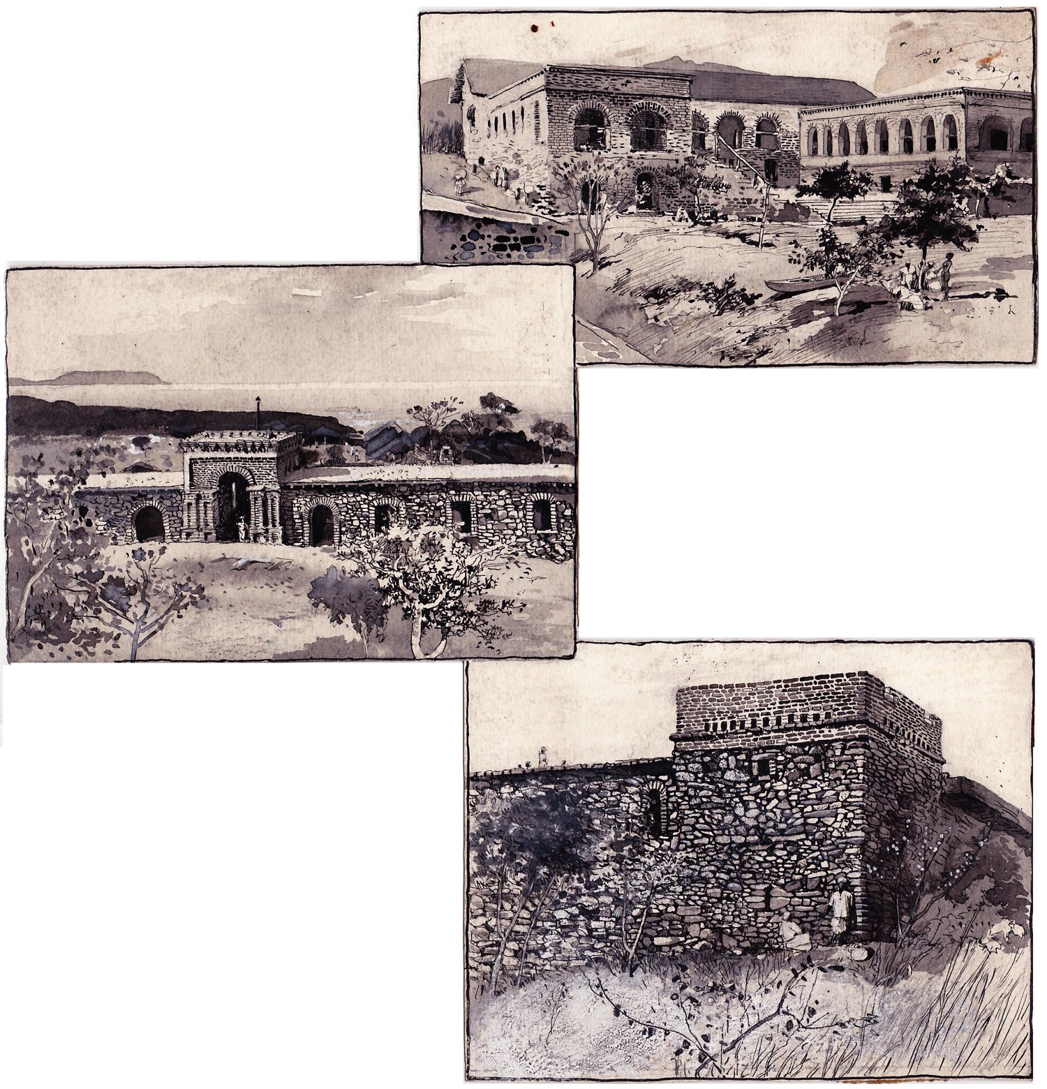   Henry Fenn (1838-1911)   Mpala Mission - Set of 3  Ink on paper Overall: 11 5/8” x 11 1/4” Top: 3 7/8” x 6 3/4”; Middle: 4 3/8” x 6 1/4”; Bottom: 4 3/4” x 6 1/4”  “New Conditions in Central Africa,” The Century Magazine,  pg. 905 
