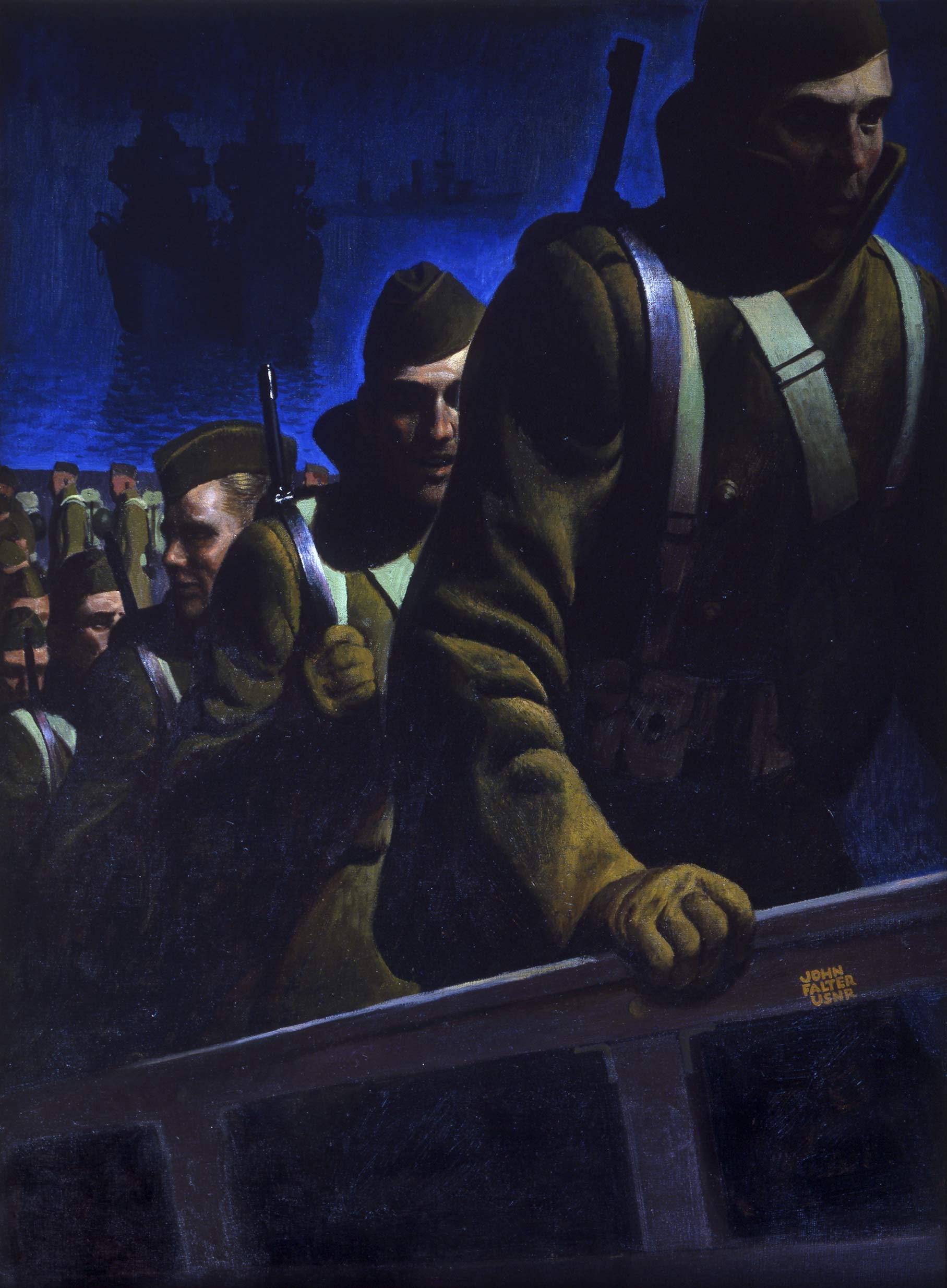   John Falter (1910-1982)   Put Them Across! The Toughest Job is Still Ahead!  1943, oil on canvas 32” x 25”, signed lower right “John Falter USNR” Official Navy Poster, Central Outdoor Advertising Co., U.S. Government Printing Office, 1943 