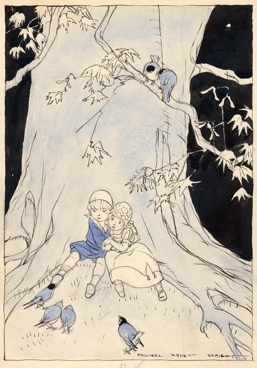   Maginel Enright (1881-1966)   The Babes in the Wood  1920, pen and ink with watercolor on paper 10” x 7”, signed lower right  Fairy Tales everyone Should Know,  Edited by Anna Tweed, Milton Bradley Co., Springfield, MA, 1920, pg. 39 