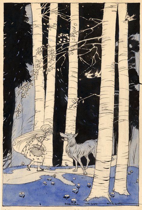   Maginel Enright (1881-1966)   Little Red Riding Hood  1920, pen and ink with watercolor on paper 10” x 7”, signed lower right  Fairy Tales everyone Should Know,  Edited by Anna Tweed, Milton Bradley Co., Springfield, MA, 1920, pg. 135 