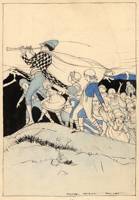   Maginel Enright (1881-1966)   The Pied Piper  1920, pen and ink with watercolor on paper 10” x 7”, signed lower right  Fairy Tales everyone Should Know,  Edited by Anna Tweed, Milton Bradley Co., Springfield, MA, 1920, pg. 151 