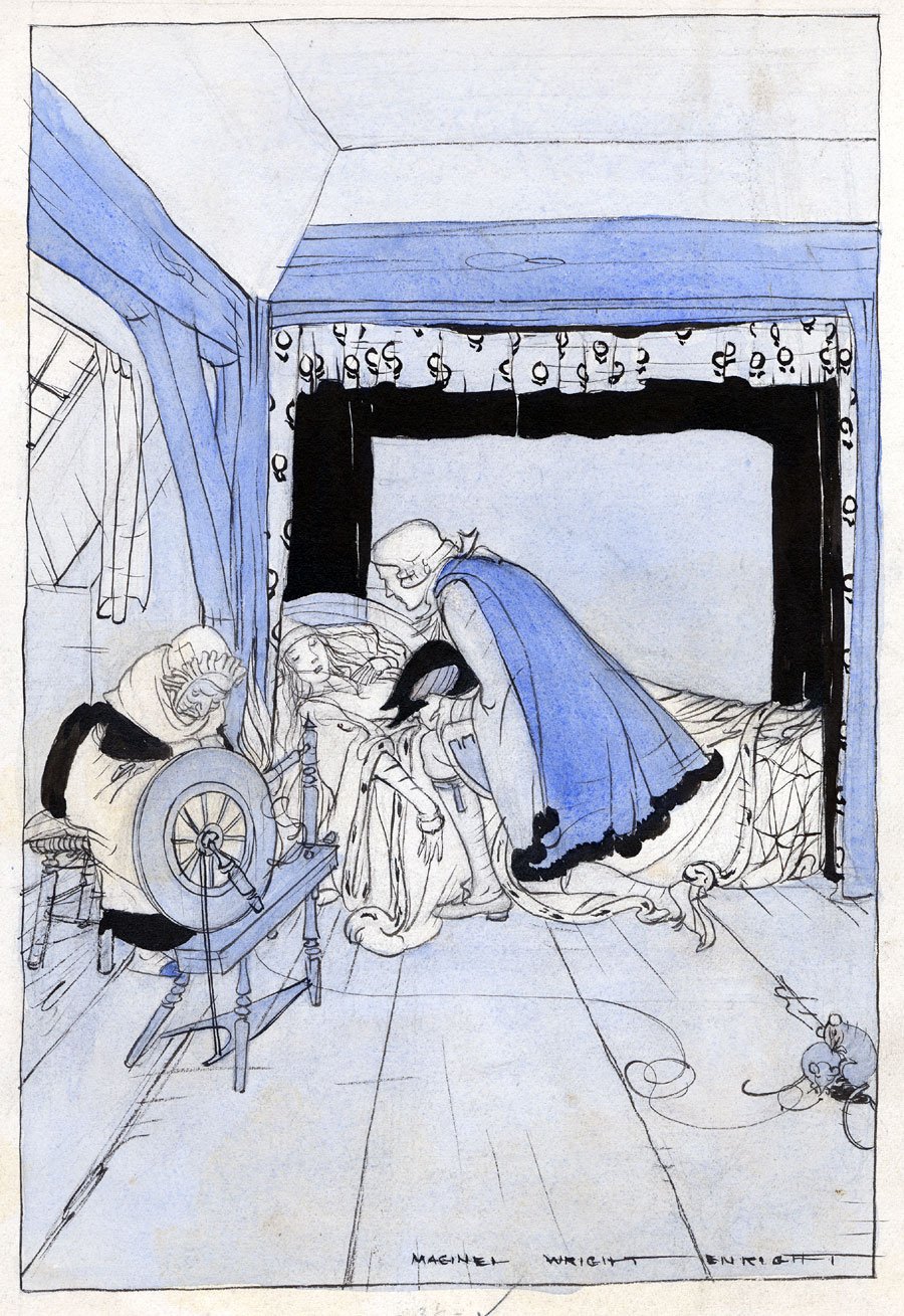   Maginel Enright (1881-1966)   The Sleeping Beauty  1920, pen and ink with watercolor on paper 10” x 7”, signed lower right  Fairy Tales everyone Should Know,  Edited by Anna Tweed, Milton Bradley Co., Springfield, MA, 1920, pg. 67 