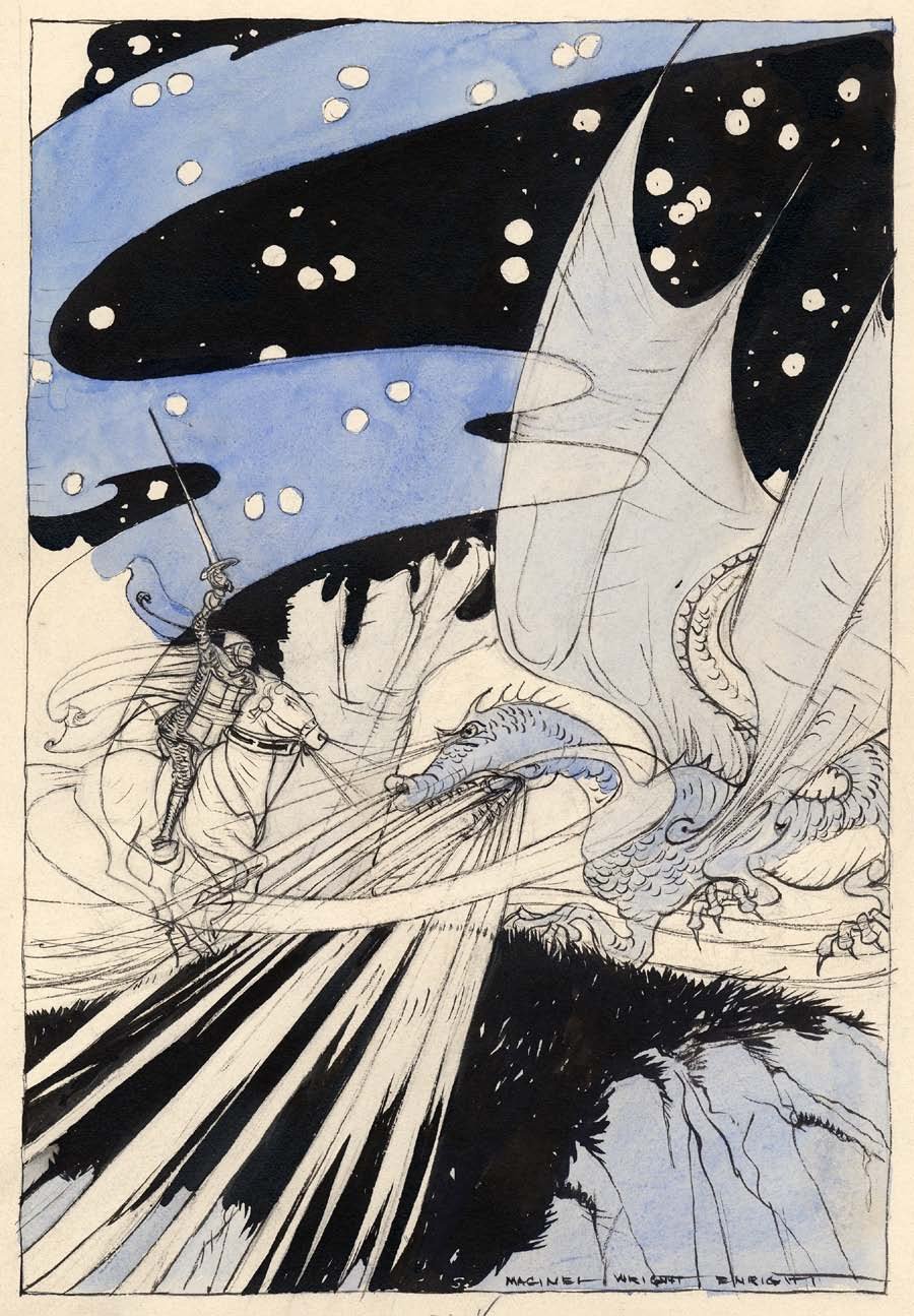   Maginel Enright (1881-1966)   St. George and the Dragon  1920, pen and ink with watercolor on paper 10” x 7”, signed lower right  Fairy Tales everyone Should Know,  Edited by Anna Tweed, Milton Bradley Co., Springfield, MA, 1920, pg. 117 