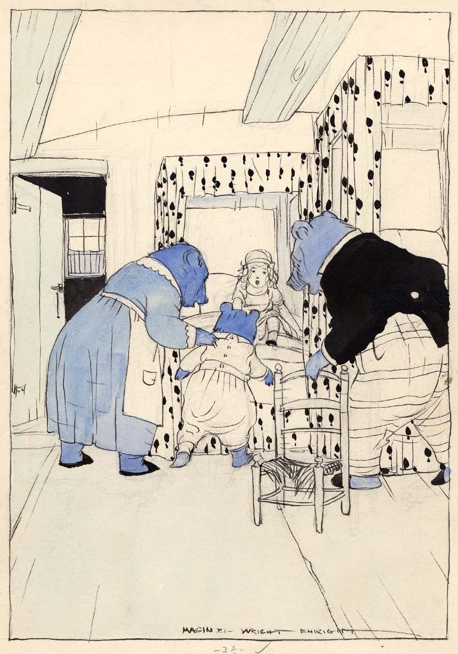   Maginel Enright (1881-1966)   The Three Bears  1920, pen and ink with watercolor on paper 10” x 7”, signed lower right  Fairy Tales everyone Should Know,  Edited by Anna Tweed, Milton Bradley Co., Springfield, MA, 1920, pg. 131 