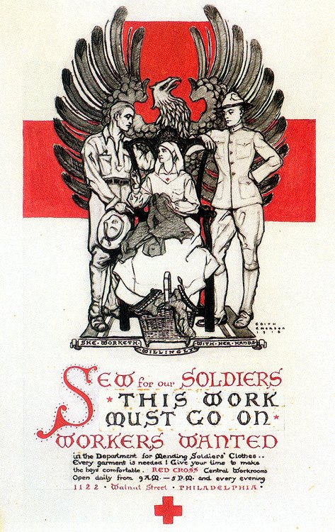   Edith Emerson (1888-1981)   Sew For Our Soldiers  1918, charcoal and red gouache 26 3/4” x 15”, signed and dated center right 