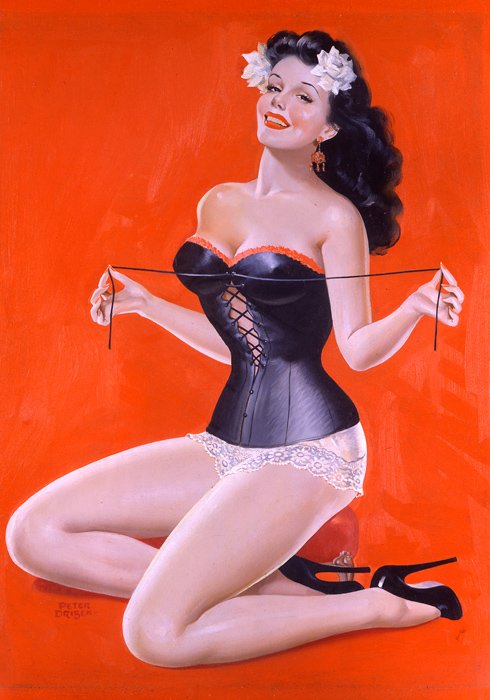   Peter Driben (1903-1975)   Brunette in Corset  1948, oil on board 30 1/2” x 20 1/2”, signed lower left  Beauty Parade,  June 1948 cover 