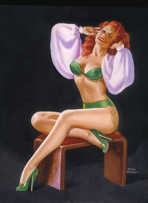   Peter Driben (1903-1975)   Redhead Seated on Bench  1946, oil on canvas 38” x 29”, signed lower right  Wink Magazine,  August 1946 cover 