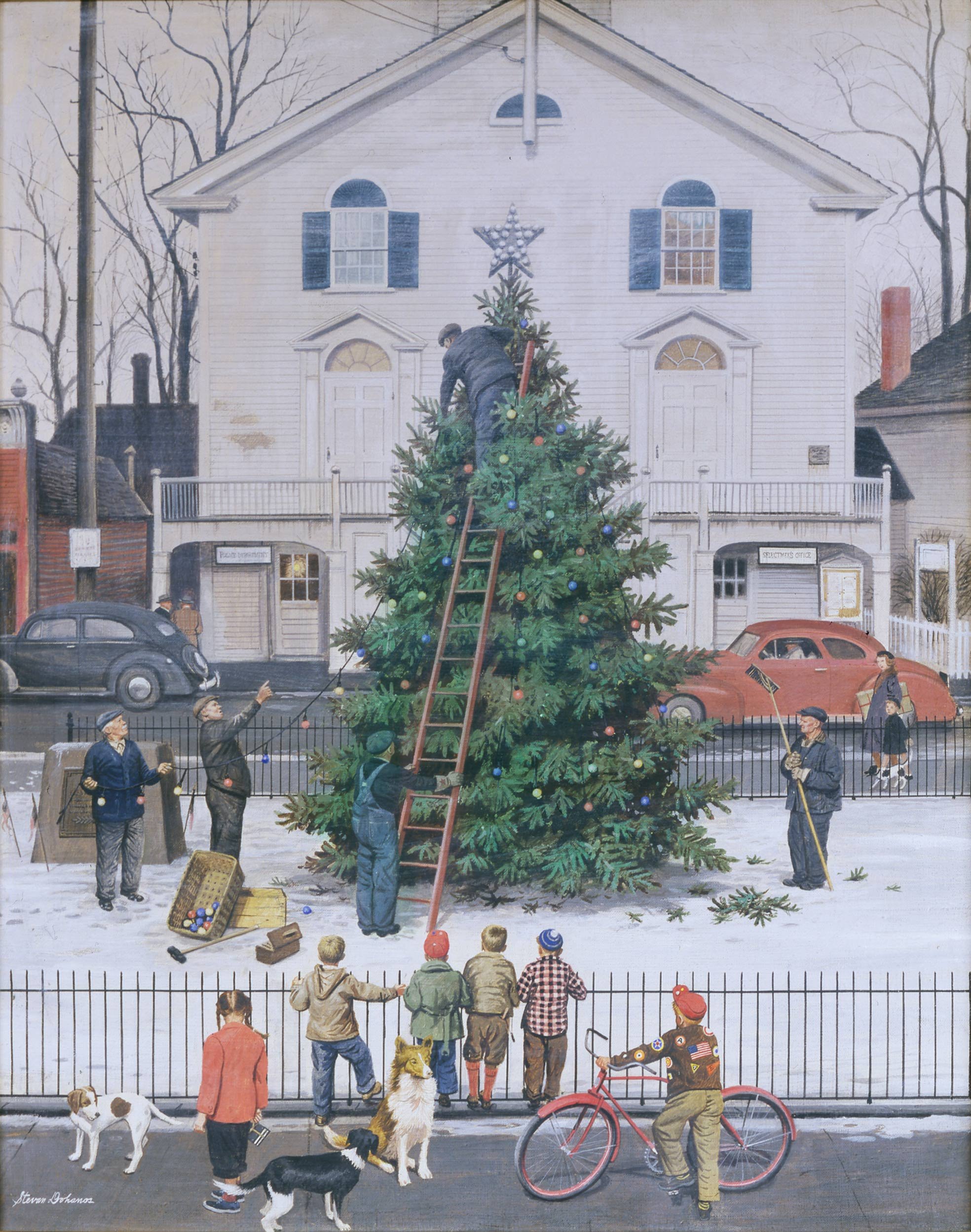   Stevan Dohanos (1907-1994)   Community Tree  1948, gouache on canvas 30 1/8” x 24 1/8”, signed lower left  Saturday Evening Post,  December 4, 1948 cover 