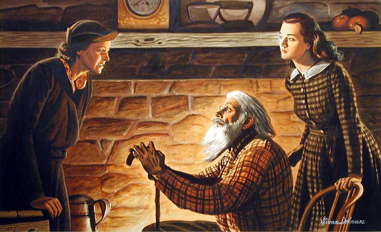   Stevan Dohanos (1907-1994)   Woman, Old Man and Girl at Hearth  Gouache on drawing board 14 1/2” x 23 3/4” 