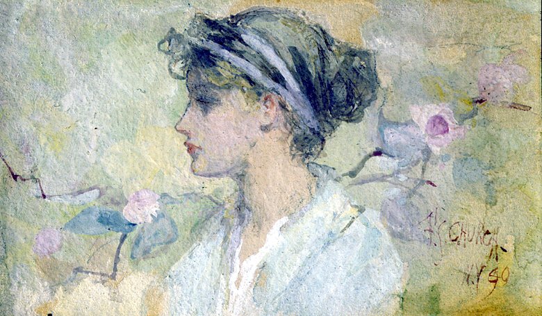   Frederick Stuart Church (1842-1927)   Portrait of a Young Woman  1899, gouache on illustration board 3” x 5”, signed lower right 