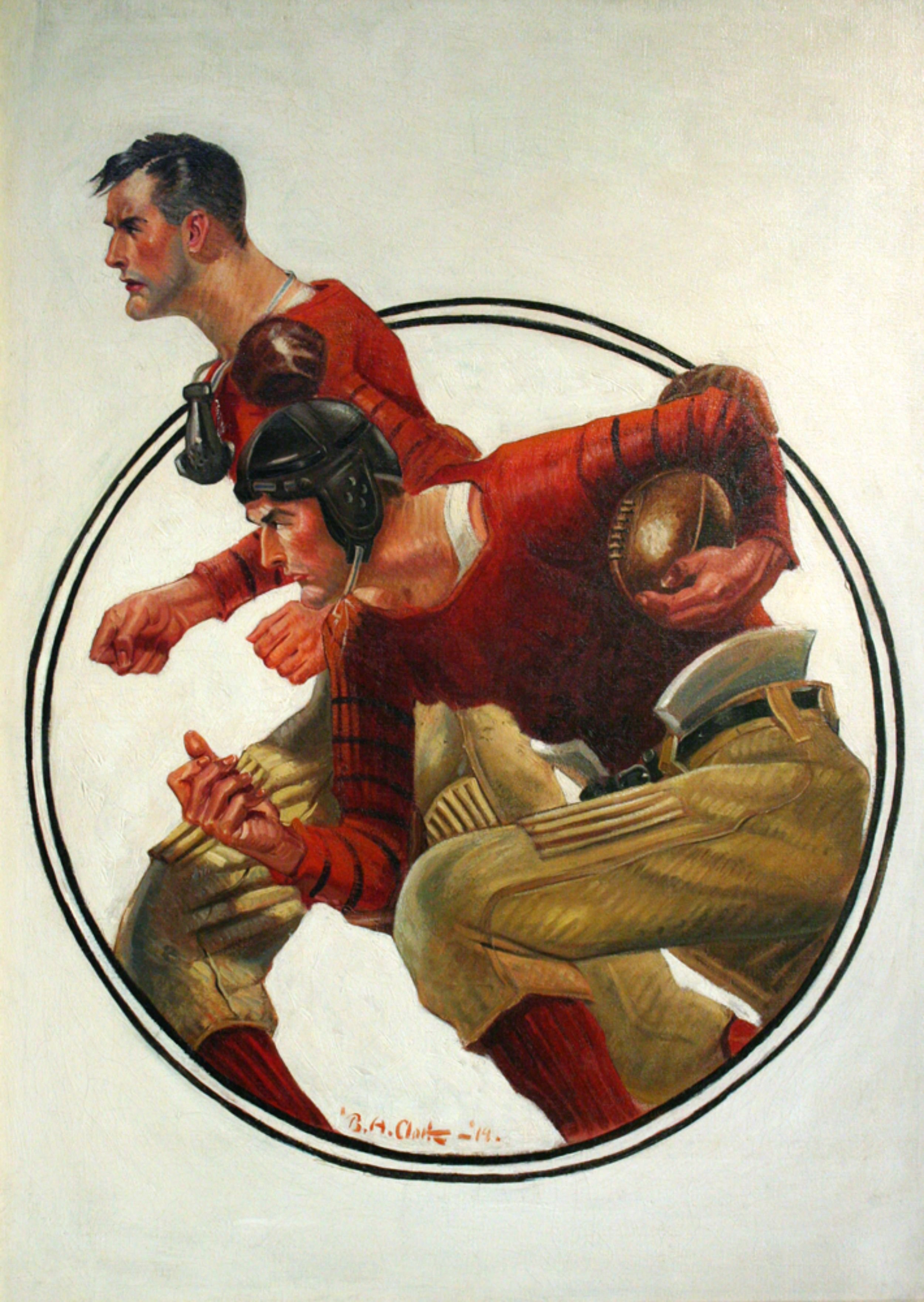   Benton Clark (1895-1964)   Two Football Players in Red  1914 or 1919, oil on canvas 21 3/4” x 18 1/4”, signed lower center 