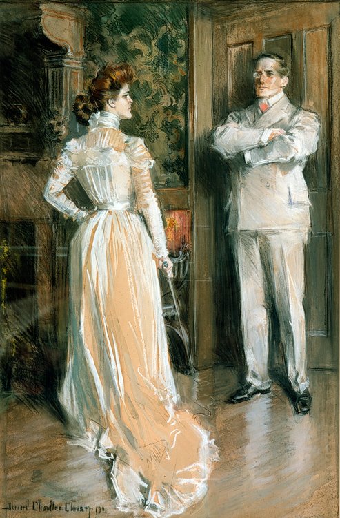   Howard Chandler Christy (1873-1952)   Confrontation  1901, watercolor on paper 37 1/2” x 25”, signed and dated lower left  “The Cleansing of the Lie,”  by Alfred Ollivant,  Harper’s Monthly,  August 1901, pgs. 328-340 