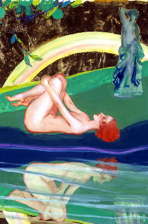   Hal Burrows (1889-1965)   Nude Reflections  Tempera and gold leaf on illustration board 23” x 19”, signed lower left 