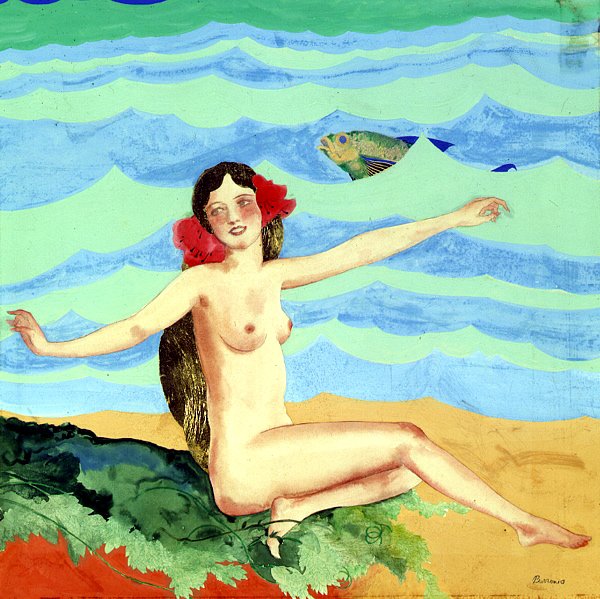   Hal Burrows (1889-1965)   Nude with Fish  Tempera and gold leaf on illustration board 21” x 17 1/2”, signed lower right 