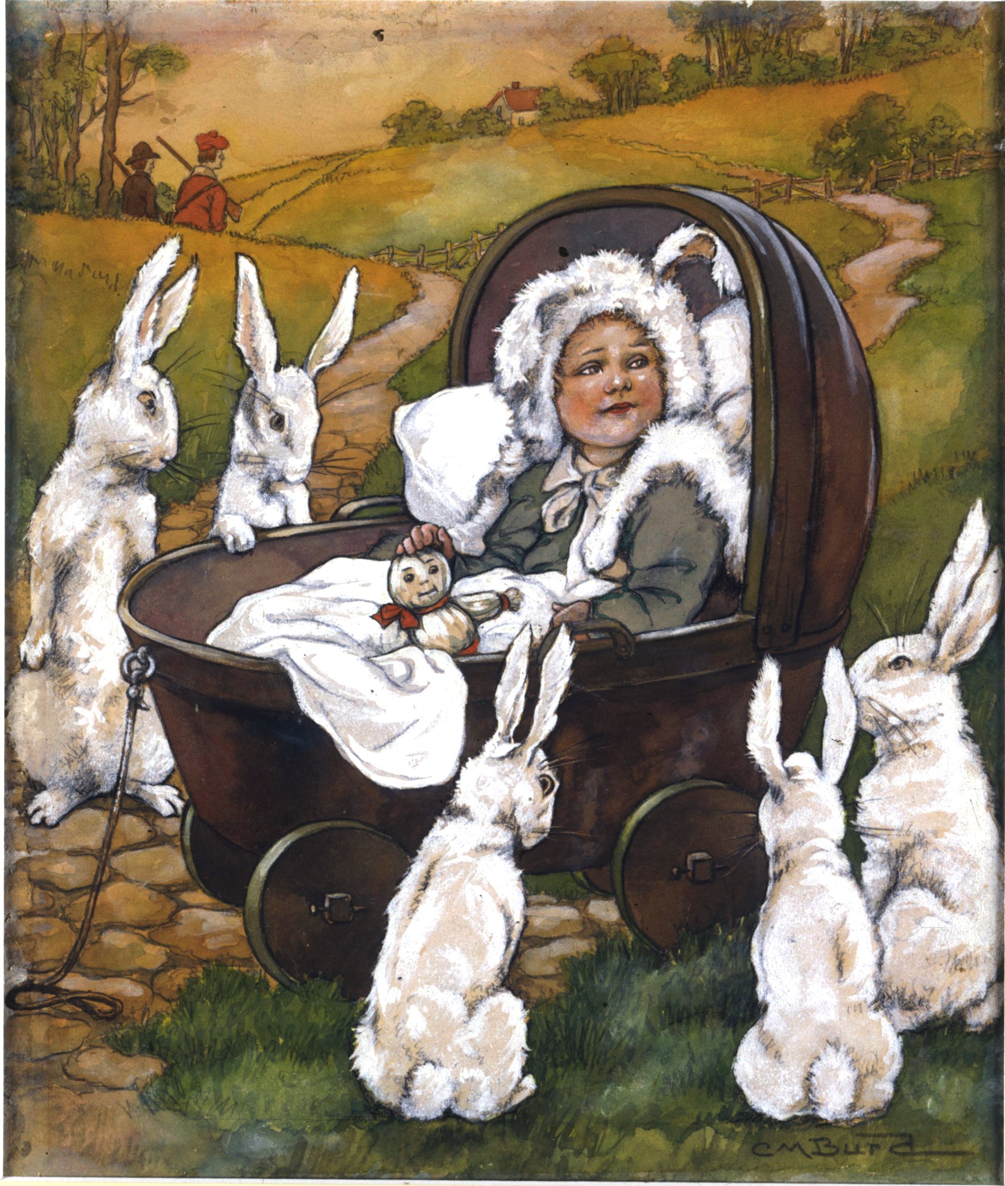   Clara Burd (1873-1933)   Baby in Carriage Surrounded by Rabbits  1926, gouache, watercolor and pencil on illustration board 12” x 14”, signed lower right  The Kiddies Wonder Box,  by Josephine Lawrence, Supples &amp; Leon, 1926 