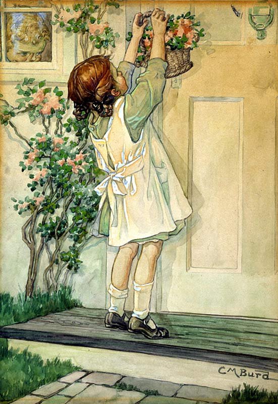   Clara Burd (1873-1933)   Girl Placing May Basket on Door  1925, watercolor on paper on board 15 1/2” x 11”, signed lower right  “Kiddies Frolics”  of the  “Kiddie Wonder”  series, by Josephine Lawrence, Cupples &amp; Leon co., 1926 