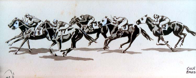   S. Cole Bradley (1906-1994)   Liberty Race Horses  Tempera on board Signed lower right Physical Culture illustration 