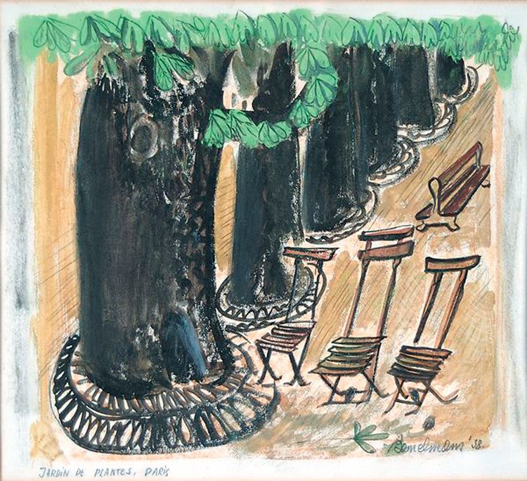  Ludwig Bemelmans (1898-1962)   Jardin Des Plantes, Paris  1938, watercolor with graphite 13 1/4” x 14 3/8”, signed and dated lower right, titled lower left 