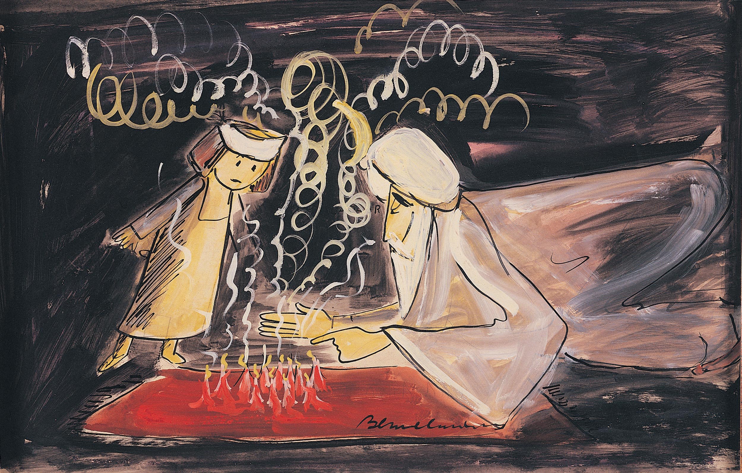   Ludwig Bemelmans (1898-1962)   Madeline’s Christmas  1956, gouache on panel 15” x 24”, signed lower center and inscribed en verso: “He lit incense and mumbled words profound and tragic - ABRA CADABRA BRACADBR RACADAB ACADA CAD A!”  Madeline’s Chris