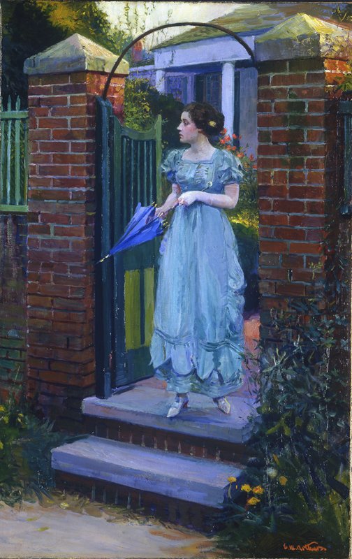   Stanley Arthurs (1877-1950)   Woman with Parasol at Gate  C. 1905, oil on canvas 28” x 18”, signed lower right 