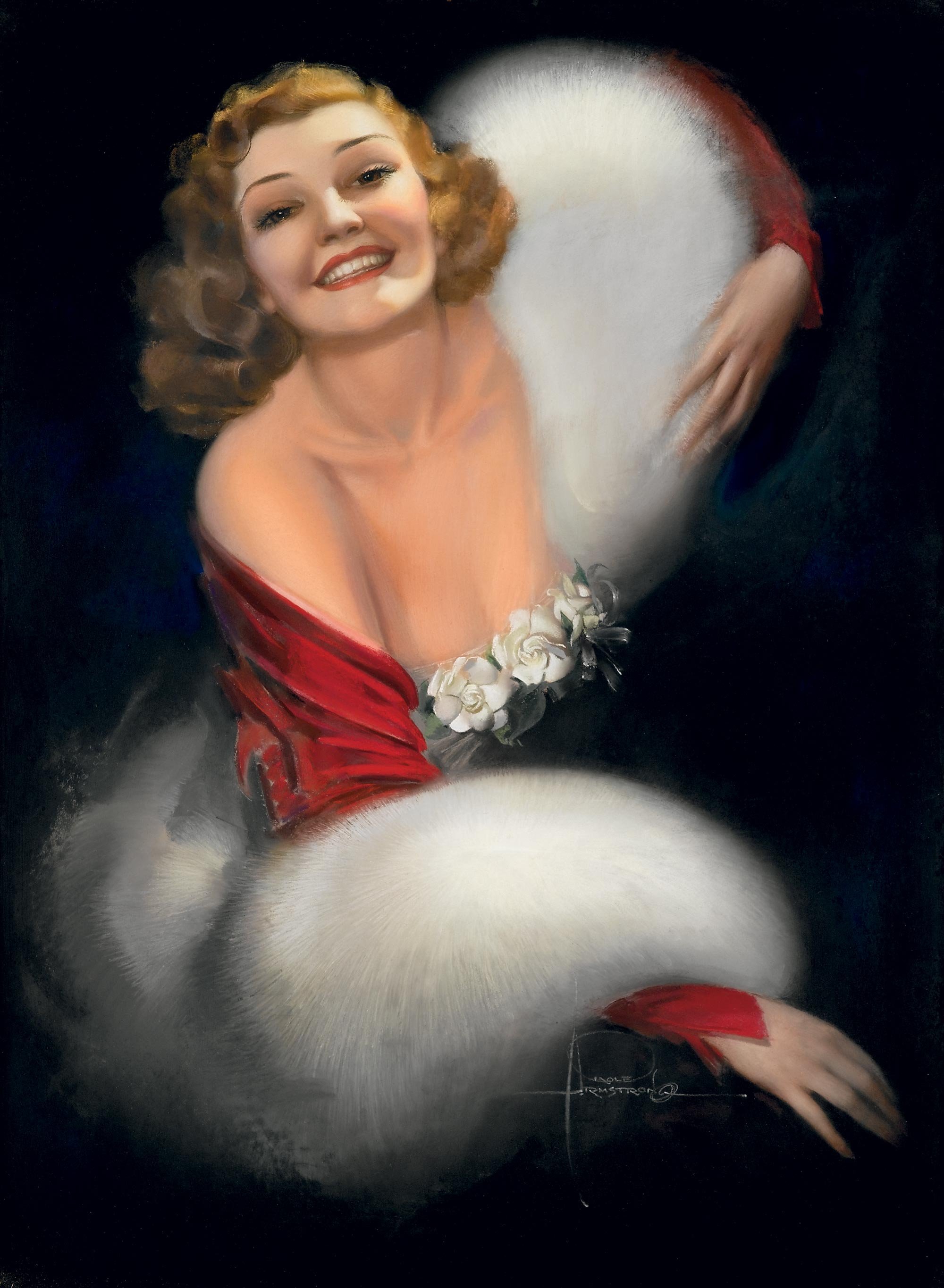   Rolf Armstrong (1889-1960)   Smiling Brunette  c. 1949, pastel on paper 40 1/8” x 29 1/4”, signed lower right Calendar illustration, January 1949 