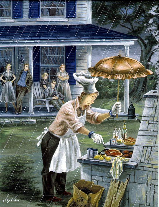   Constantin Alajalov (1900-1987)   Outdoor Barbeque in the Rain&nbsp;  1951, tempera on board&nbsp; 16" x 12 1/2", signed lower left&nbsp;  Saturday Evening Post,  July 28, 1951 cover 