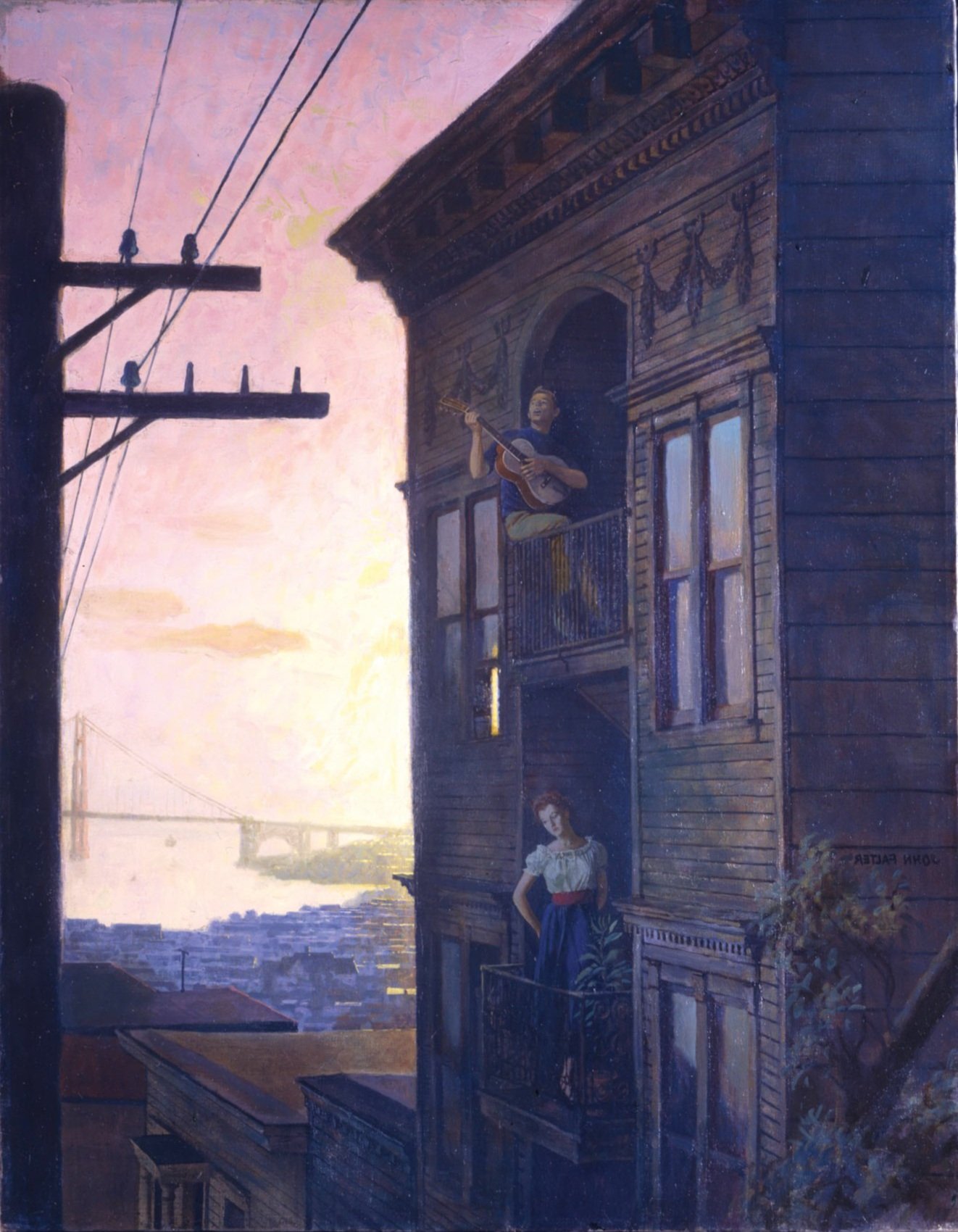   John Falter (1910-1982)   Man in Window Playing Guitar, San Francisco  1948, oil on canvas 27 1/4” x 21 1/2”, signed middle left Proposed cover for the  Saturday Evening Post  