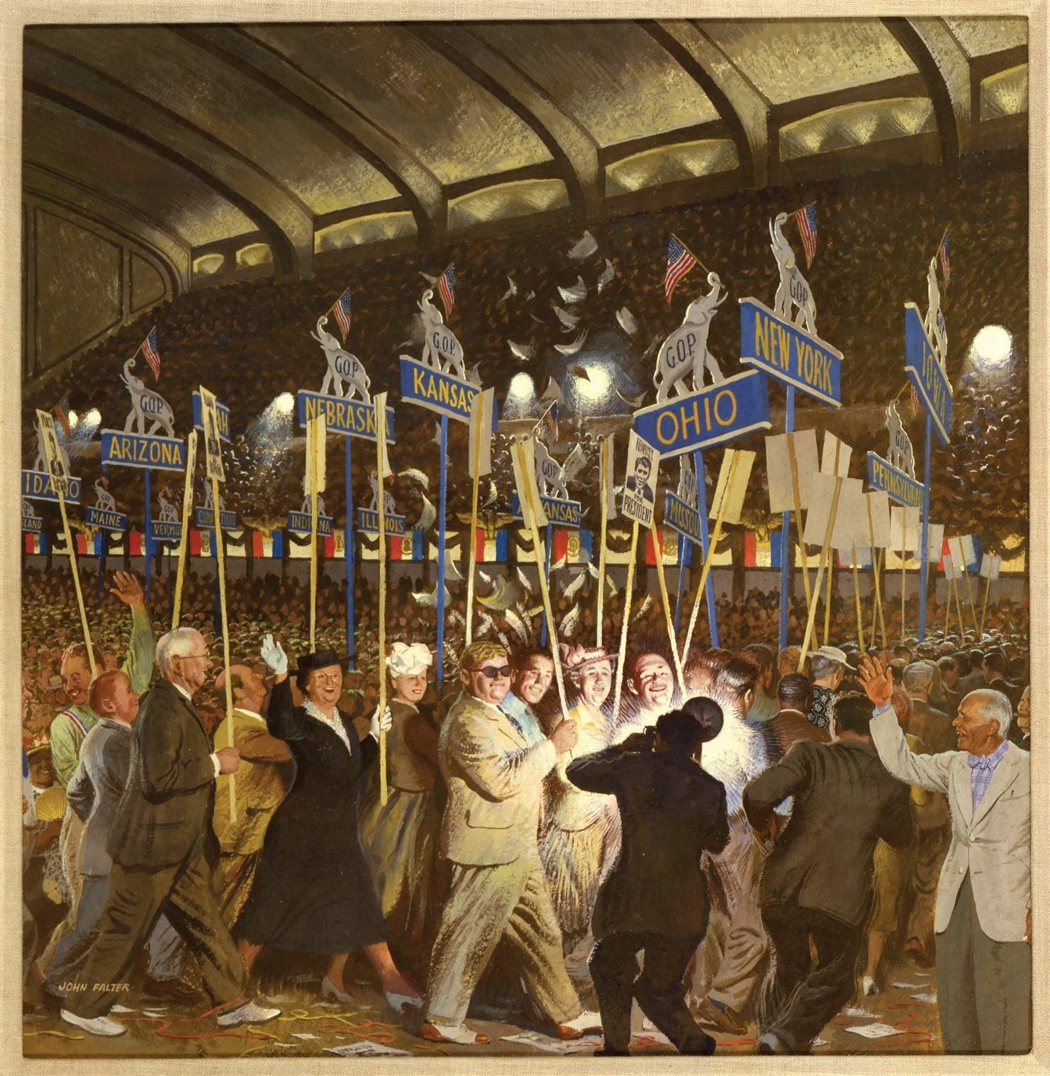   John Falter (1910-1982)   Political Convention  1948, oil on board 20” x 19 1/4”, signed lower left  Saturday Evening Post,  June 19, 1948 cover 