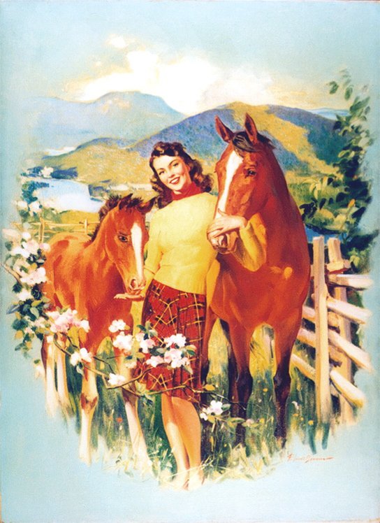   Frederick Sands Brunner (1886-1954)   Brunette with Colt and Mare  1938, oil on canvas 32 1/4” x 23 7/8”, signed lower right Brown &amp; Bigelow calendar, 1939 