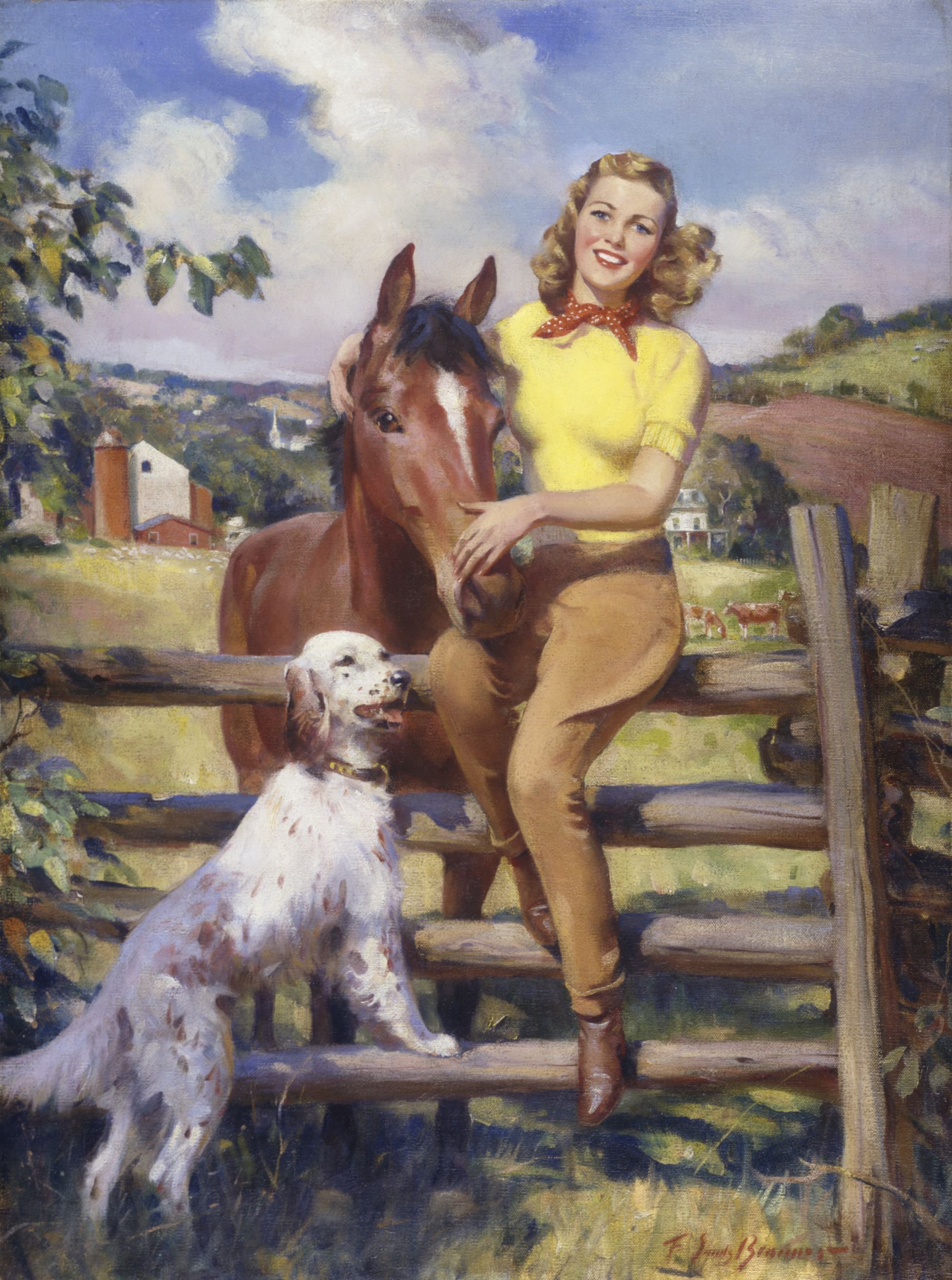   Frederick Sands Brunner (1886-1954)   Blonde with Dog and Horse  1937, oil on canvas 27” x 20”, signed lower right Brown &amp; Bigelow calendar, 1938 