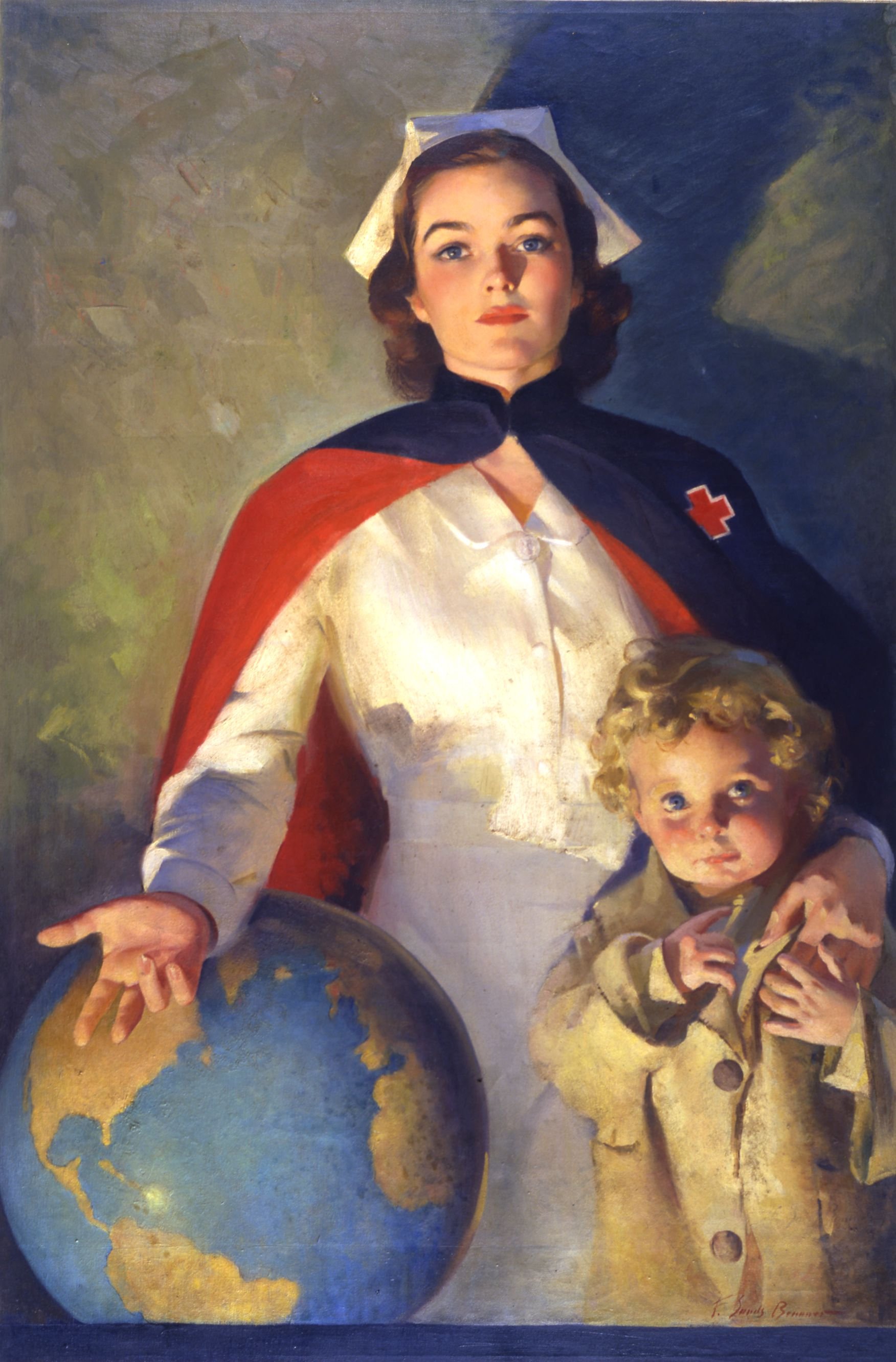   Frederick Sands Brunner (1886-1954)   Red Cross Serving the Children of the World  1942, oil on canvas 45” x 32”, signed lower right Possible World War II poster 