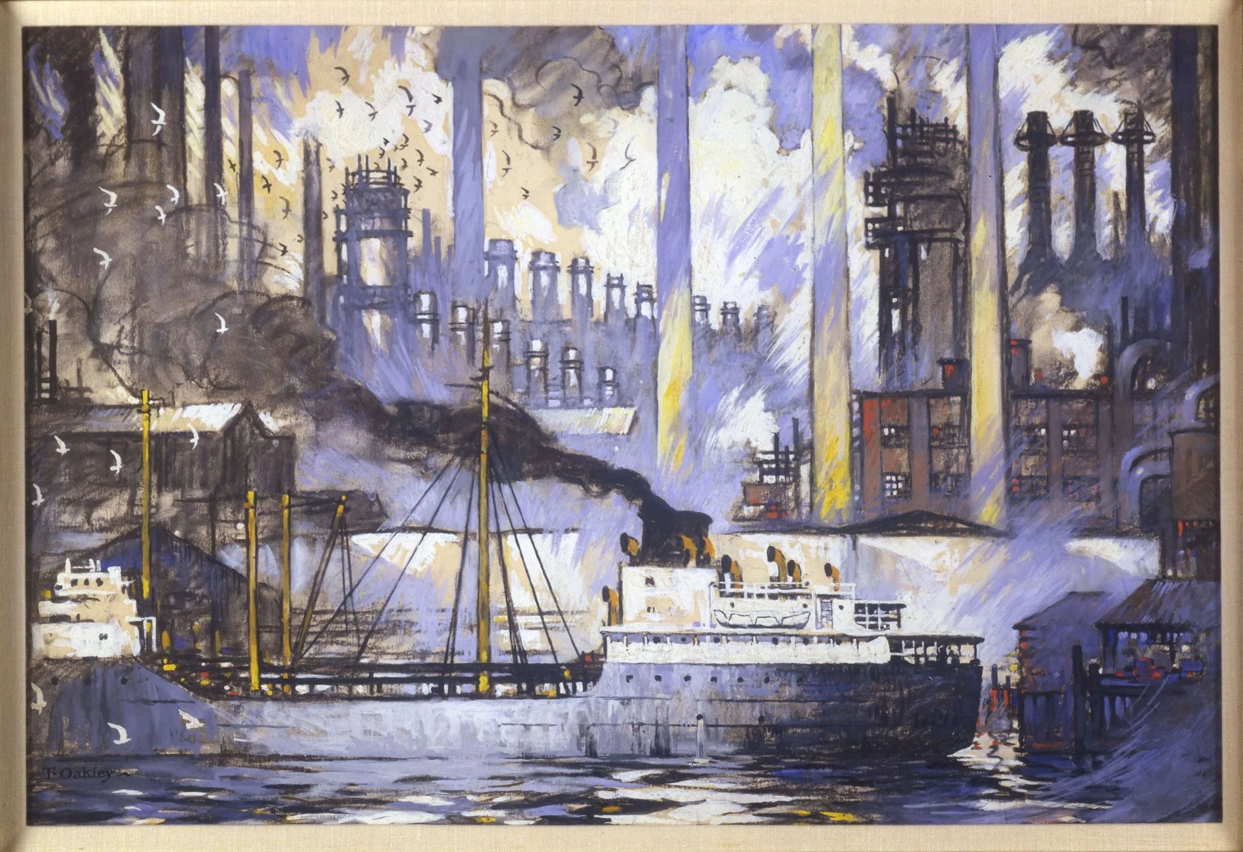   Thornton Oakley (1881-1955)   The Tanker Brings Petroleum - Sun Oil Co., Marcus Hook River Front  Gouache and mixed media on illustration board 27” x 37”, signed lower left Promotional work for Sun Oil Co. 