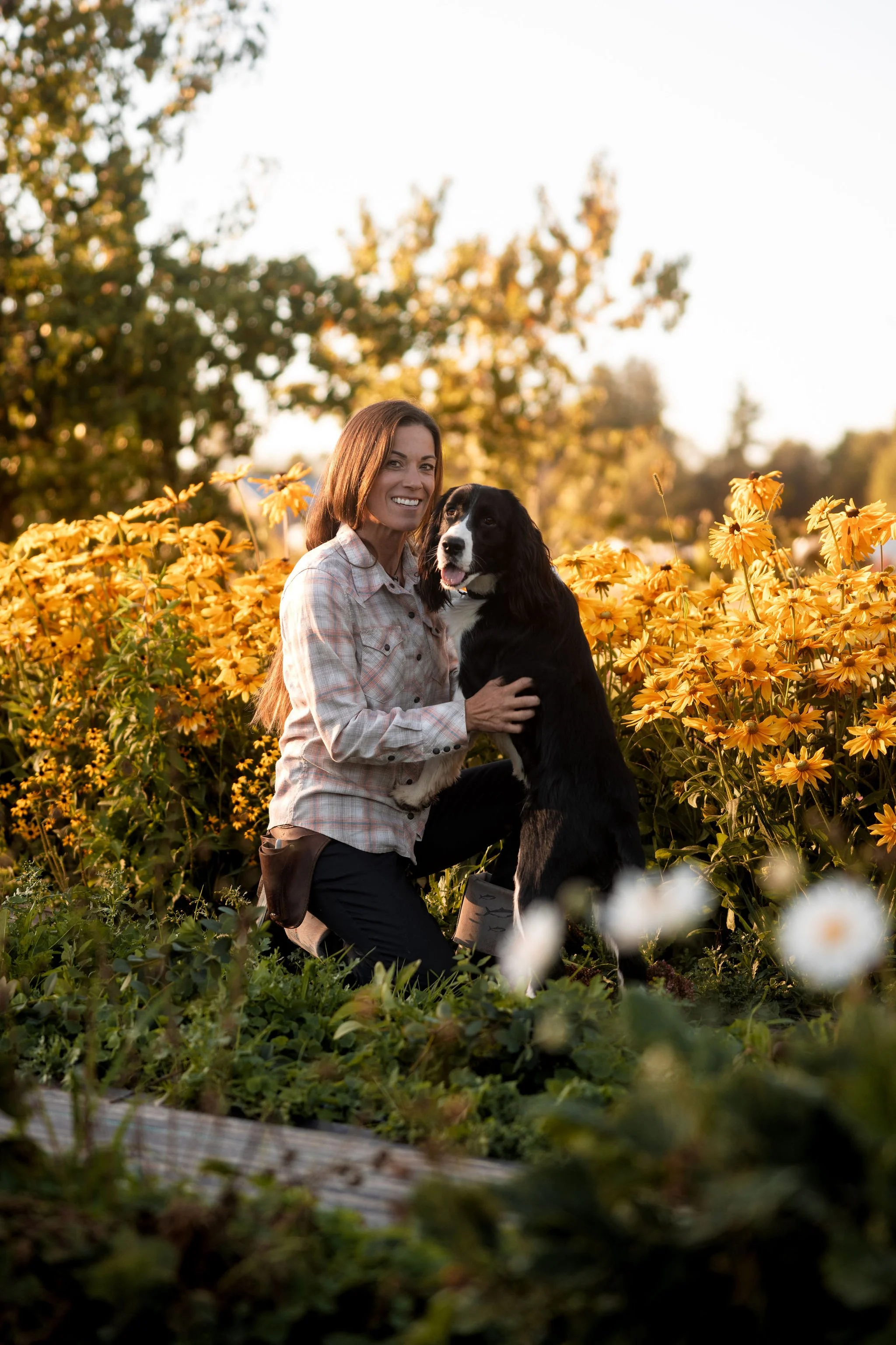 A woman smiling and kneeling next to a black and white dog in a field of yellow flowers at sunset.