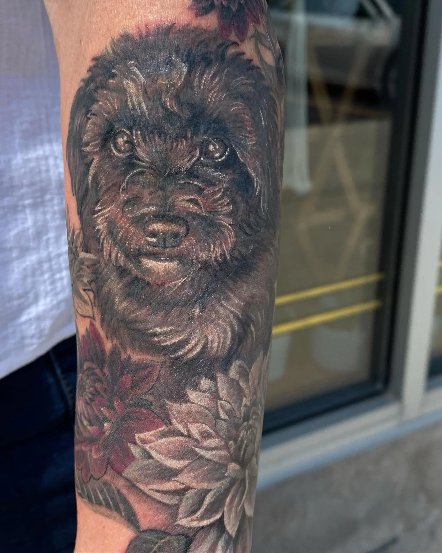 Memorial piece for a sweet Alex. Thank you, Joan! 

.
.
.
#tattoo #tattoos #dogportrait #dogportraittattoo #animalportraittattoo #dahliatattoo #dahlias #dogsandflowers #dogandfloraltattoo #floraltattoo #flowersandportraits #armtattoo #smallhyperdetai