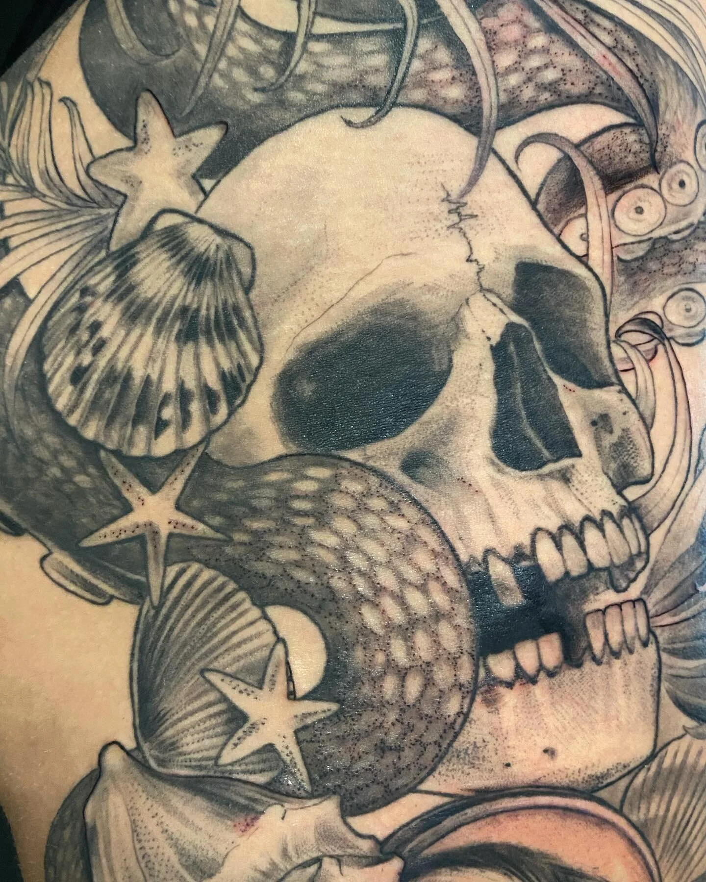 A big ole cover up we have been chipping away at as well as a new, healed picture of the sternum tattoo done last year in June. Thank you, Rachel for your commitment and ideas 
🐚 ⭐️ 💀 
.
.
.
#tattoo #tattoos #skulltattoo #coveruptattoo #lowerbackta