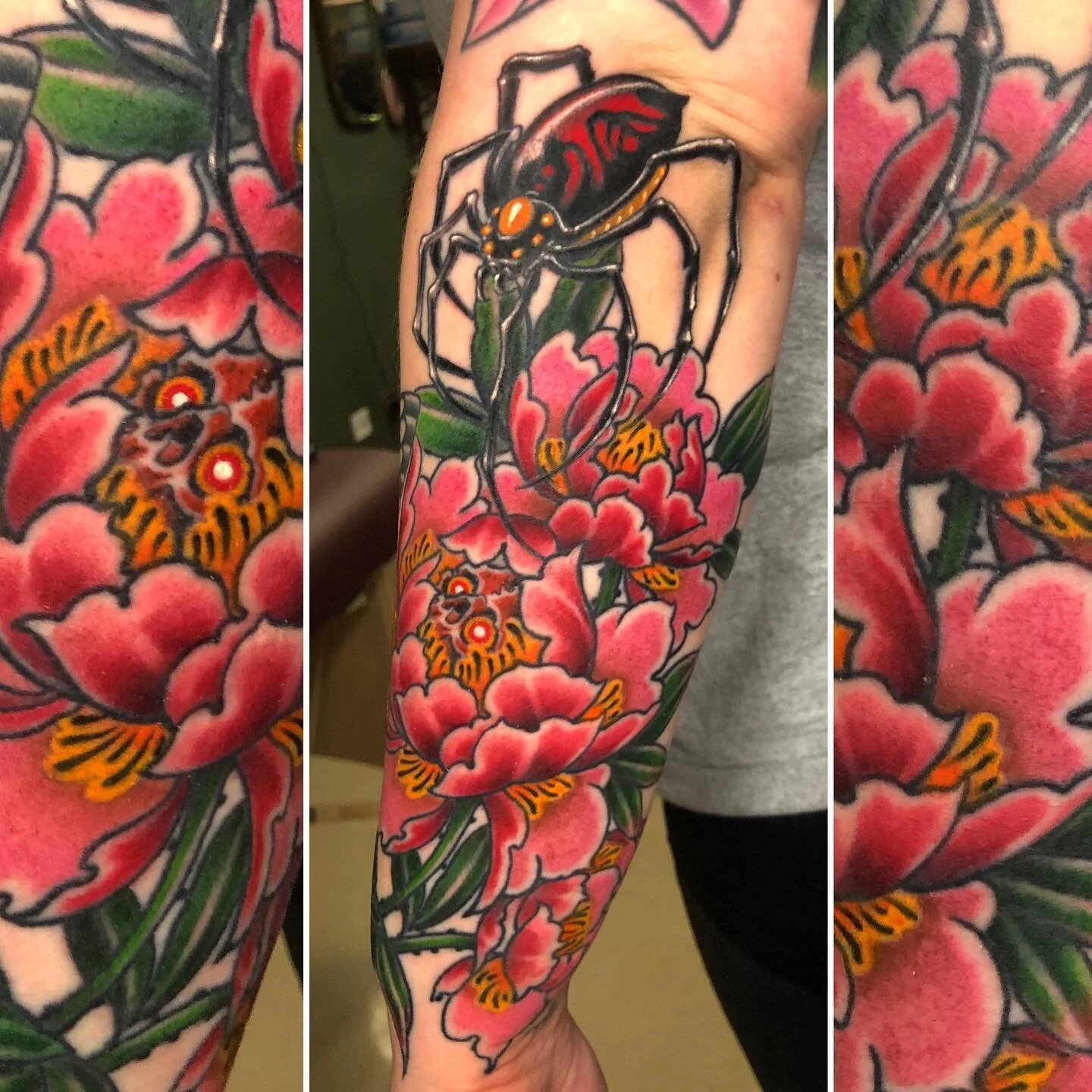Thanks @mandymonster_ ! 
Botans, spider and a sneaky skull 💀 🕷️ 🌸 
@mossandmarrowtattoo 
Made with @shipwreckirons 

#peonytattoo #spidertattoo #forarmtattoo #peonyflower #botan