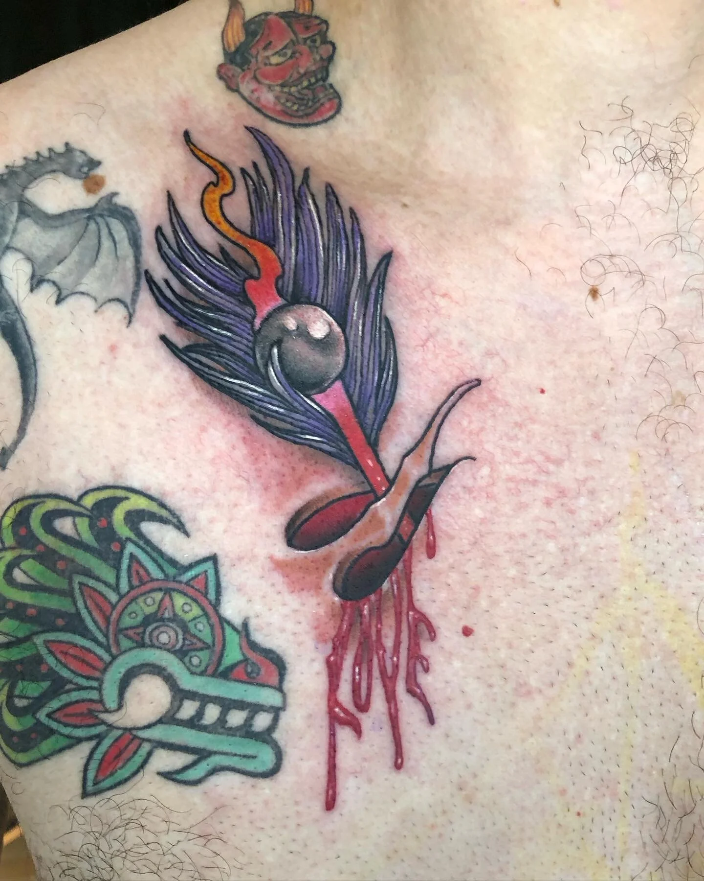 Martin you are the best ! Sat for 3 days getting really fun tattoos back to back. Tame Impala album cover turned into an arrow, Roman helmet, Euron Greyjoy &ldquo;cow&rsquo;s eye&rdquo;, molecule and he also got the post from earlier the Witcher one.