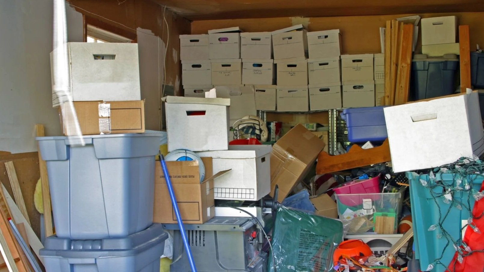 Garage full of boxes and junk