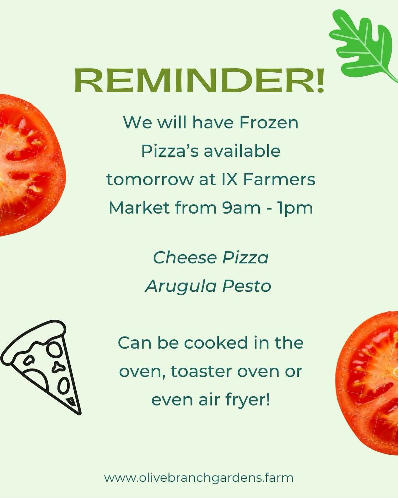 Don&rsquo;t forget - tomorrow we will be bringing frozen pizzas to @farmersmarketatix 
.
.
Cheese pizza and arugula pesto!
:
.
Don&rsquo;t miss out! This is a great way to enjoy our pizza without hanging to eat it at the market. Bring one home and en