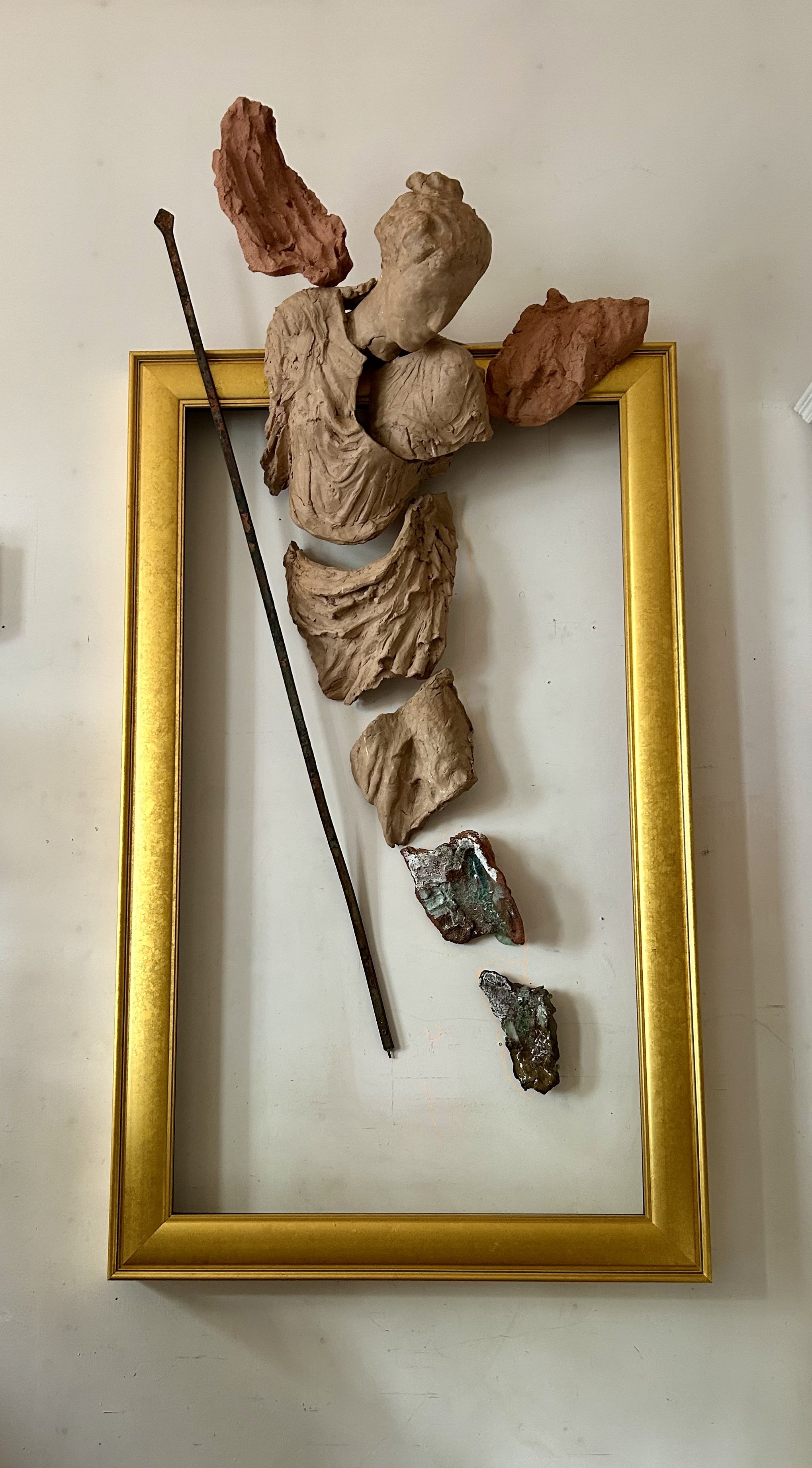"Time to Go", 2025, ceramic, metal, glass, wood, gold leaf, 78x36x 9"